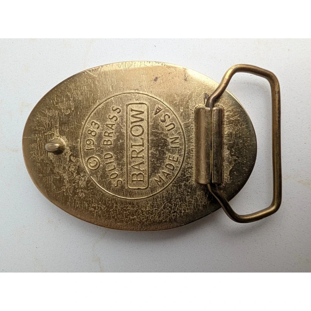 Vintage 1983 Barlow Solid Brass Bighorn Ram Scrimshaw Belt Buckle Made in USA